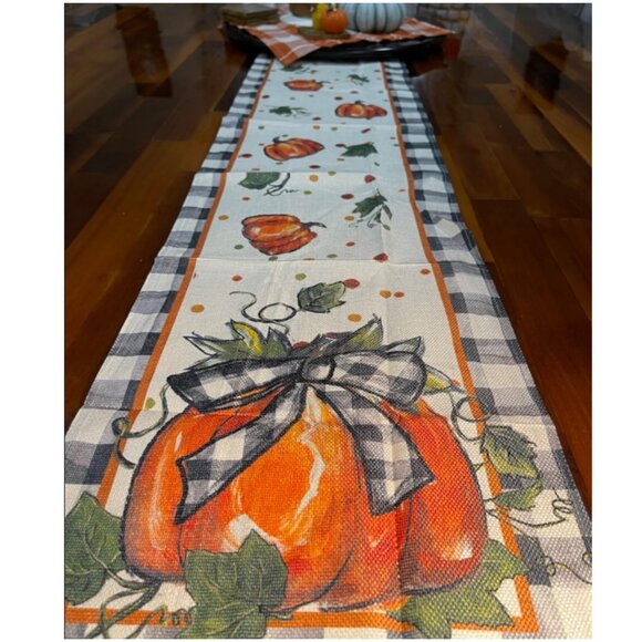 Pumpkin Table Runner Decorative Cloth Fall Decor Plaid Thanksgiving Decoration - Picture 2 of 8